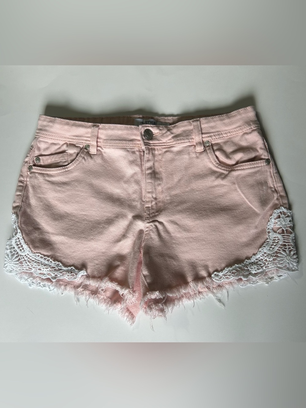 Light Pink Denim Lace-Trim Cutoff Shorts